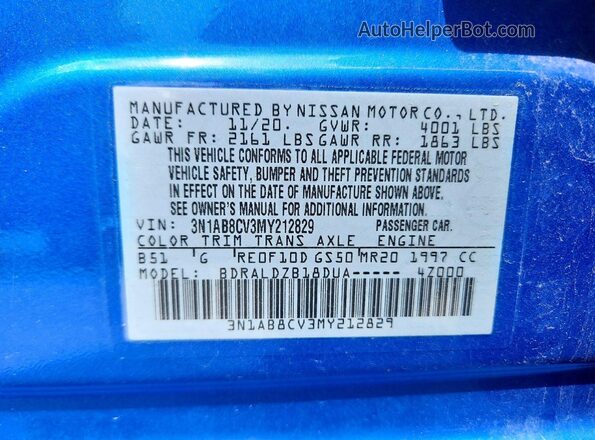 3N1AB8CV3MY212829 2021 NISSAN SENTRA Blue VIN კოდის სტიკერის ხედი