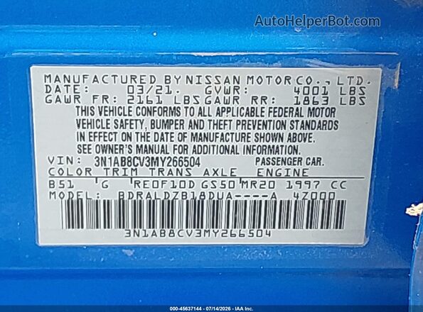 3N1AB8CV3MY266504 2021 NISSAN SENTRA Blue Vista del compartimento del motor