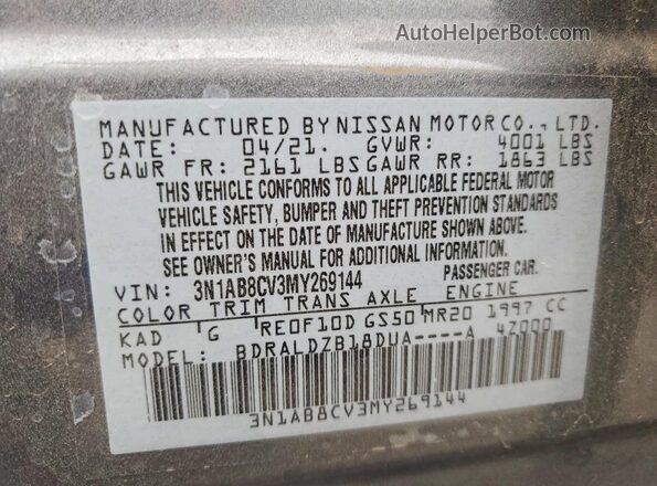 3N1AB8CV3MY269144 2021 NISSAN SENTRA Серый Вид наклейки с VIN-кодом