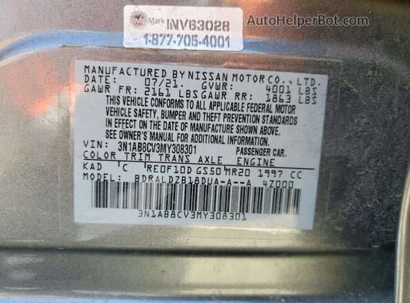 3N1AB8CV3MY308301 2021 NISSAN SENTRA Gray VIN կոդի պիտակի տեսք