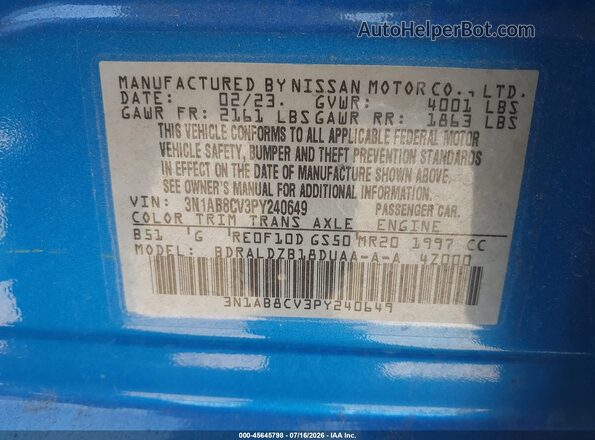 3N1AB8CV3PY240649 2023 NISSAN SENTRA Blue ძრავის განყოფილების ხედი