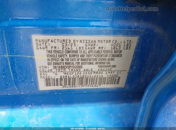 3N1AB8CV3PY246869 2023 NISSAN SENTRA Blue ძრავის განყოფილების ხედი