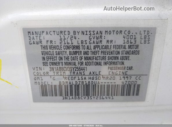 3N1AB8CV3SY256441 2025 NISSAN SENTRA White Vista del compartimento del motor