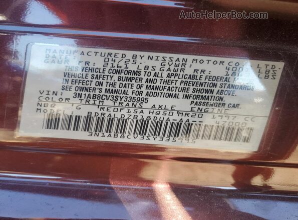3N1AB8CV3SY335995 2025 NISSAN SENTRA Burgundy Widok naklejki z numerem VIN