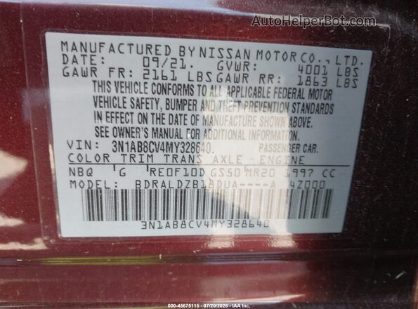 3N1AB8CV4MY328640 2021 NISSAN SENTRA Burgundy Շարժիչի բաժամունքի տեսք