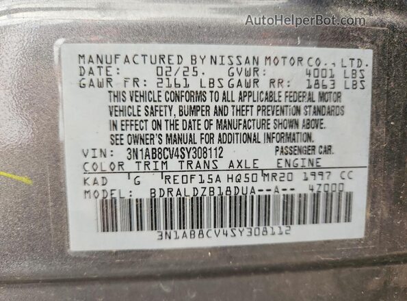 3N1AB8CV4SY308112 2025 NISSAN SENTRA Gray VIN կոդի պիտակի տեսք