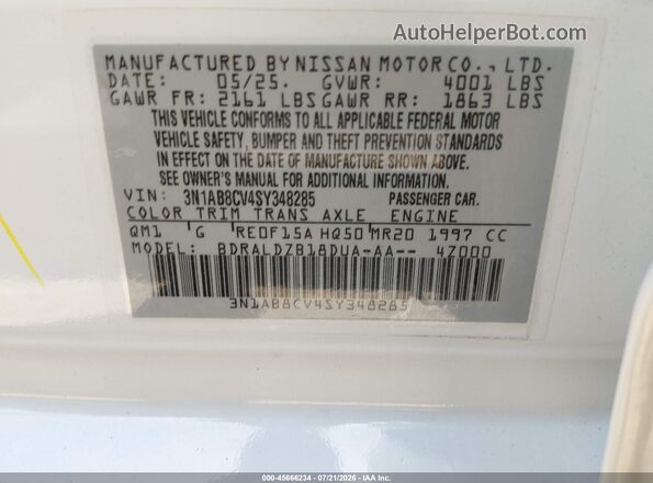 3N1AB8CV4SY348285 2025 NISSAN SENTRA White Widok komory silnika