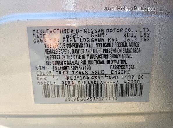 3N1AB8CV5MY327190 2021 NISSAN SENTRA Silver Вид наклейки з VIN-кодом