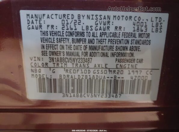 3N1AB8CV5NY233487 2022 NISSAN SENTRA Burgundy Widok komory silnika