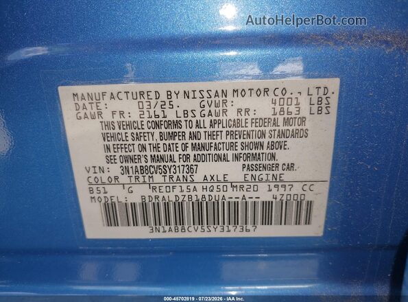 3N1AB8CV5SY317367 2025 NISSAN SENTRA Blue Widok komory silnika