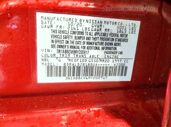 3N1AB8CV6MY200917 2021 NISSAN SENTRA Бордовый Вид наклейки с VIN-кодом