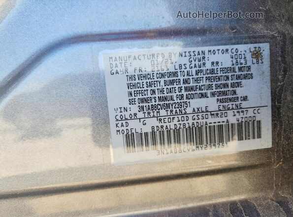 3N1AB8CV6MY239751 2021 NISSAN SENTRA Silver Vista de la etiqueta del VIN