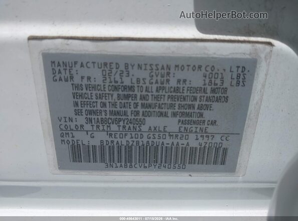 3N1AB8CV6PY240550 2023 NISSAN SENTRA White Widok komory silnika