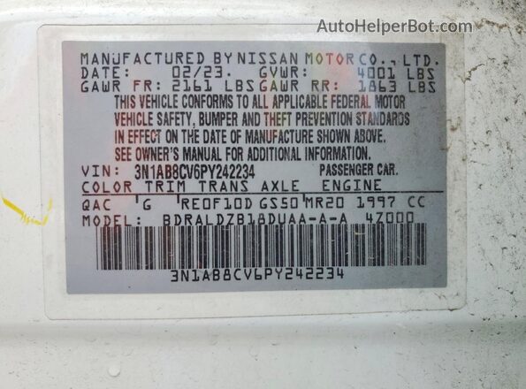 3N1AB8CV6PY242234 2023 NISSAN SENTRA White VIN კოდის სტიკერის ხედი