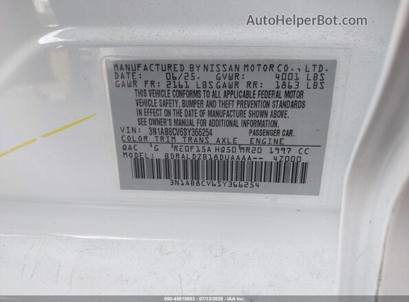 3N1AB8CV6SY366254 2025 NISSAN SENTRA White Widok komory silnika