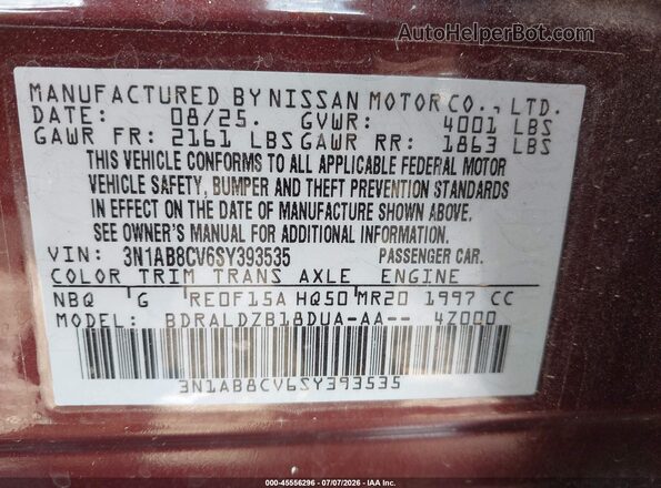 3N1AB8CV6SY393535 2025 NISSAN SENTRA Maroon ძრავის განყოფილების ხედი