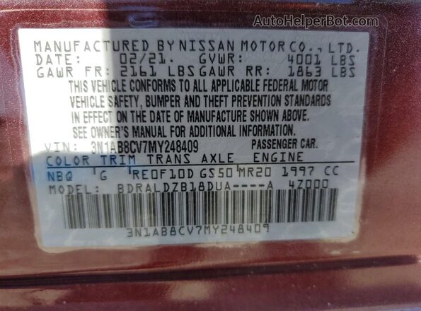 3N1AB8CV7MY248409 2021 NISSAN SENTRA Maroon Вид наклейки з VIN-кодом