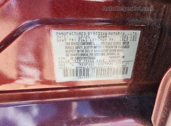 3N1AB8CV7NY224404 2022 NISSAN SENTRA Burgundy Vista del compartimento del motor