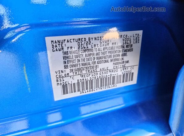 3N1AB8CV7NY236181 2022 NISSAN SENTRA Blue Շարժիչի բաժամունքի տեսք