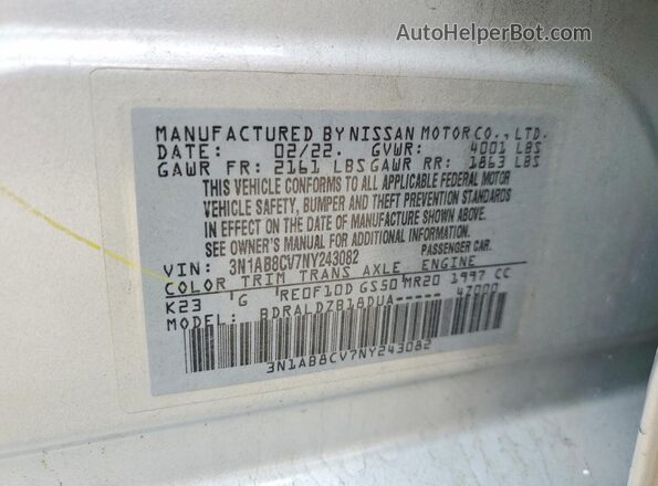 3N1AB8CV7NY243082 2022 NISSAN SENTRA Серебряный Вид наклейки с VIN-кодом