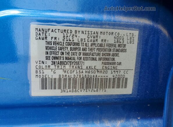 3N1AB8CV7SY268771 2025 NISSAN SENTRA Blue VIN sticker view