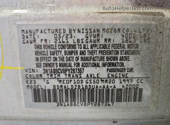 3N1AB8CV8PY287367 2023 NISSAN SENTRA Silver VIN კოდის სტიკერის ხედი