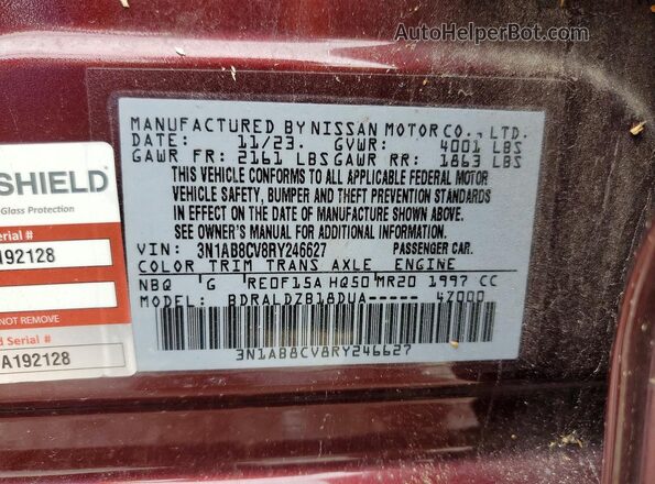 3N1AB8CV8RY246627 2024 NISSAN SENTRA Burgundy VIN კოდის სტიკერის ხედი