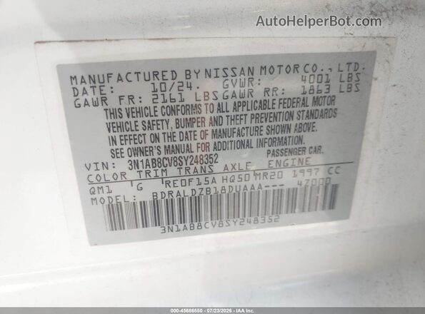 3N1AB8CV8SY248352 2025 NISSAN SENTRA White ძრავის განყოფილების ხედი