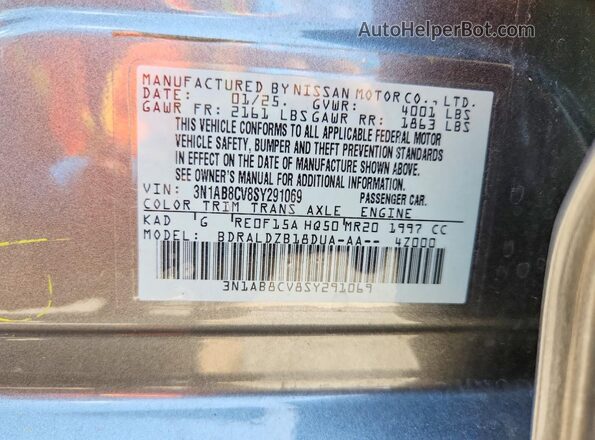 3N1AB8CV8SY291069 2025 NISSAN SENTRA Silver VIN կոդի պիտակի տեսք