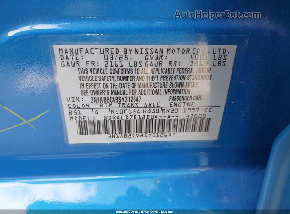 3N1AB8CV8SY312647 2025 NISSAN SENTRA Blue Engine compartment view