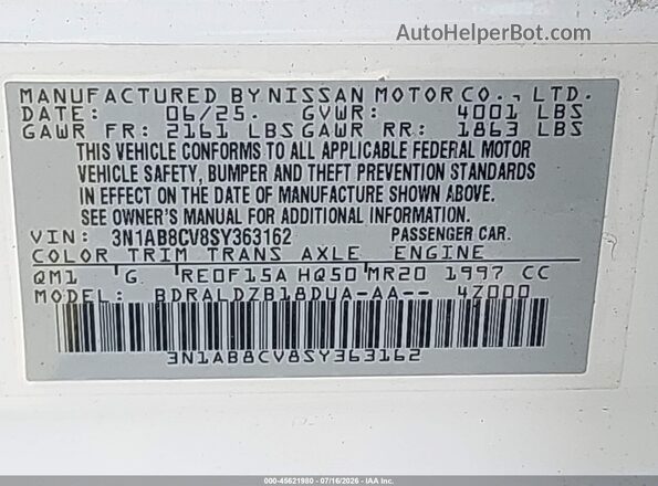3N1AB8CV8SY363162 2025 NISSAN SENTRA White Widok komory silnika