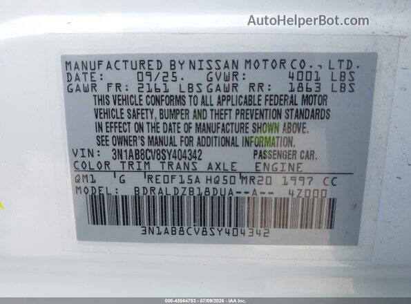 3N1AB8CV8SY404342 2025 NISSAN SENTRA White Widok komory silnika