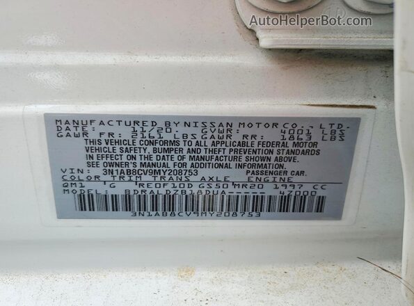 3N1AB8CV9MY208753 2021 NISSAN SENTRA Белый Вид наклейки с VIN-кодом