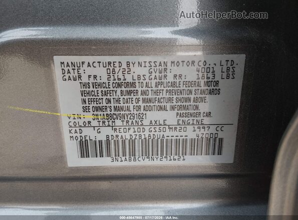 3N1AB8CV9NY291621 2022 NISSAN SENTRA Gray Widok komory silnika