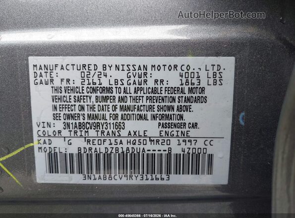 3N1AB8CV9RY311663 2024 NISSAN SENTRA Gray Вид підкапотного простору