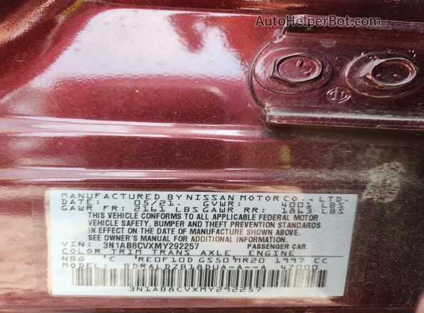 3N1AB8CVXMY292257 2021 NISSAN SENTRA Burgundy Вид задніх сидінь