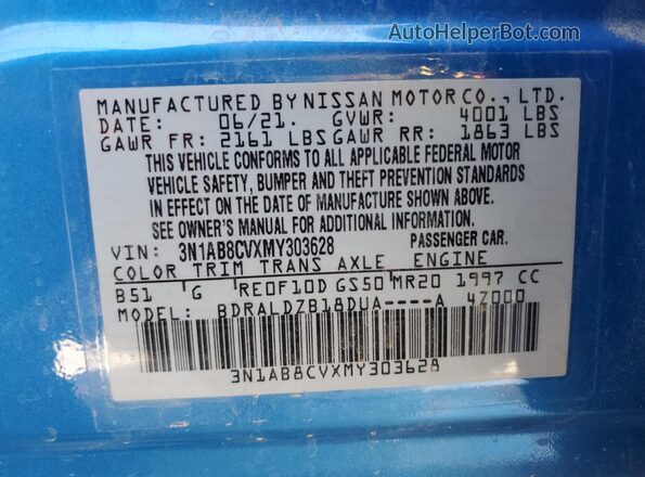 3N1AB8CVXMY303628 2021 NISSAN SENTRA Blue Engine compartment view
