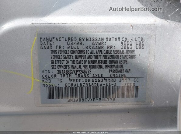 3N1AB8CVXPY246772 2023 NISSAN SENTRA Silver Շարժիչի բաժամունքի տեսք