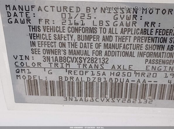 3N1AB8CVXSY282132 2025 NISSAN SENTRA White Vista del compartimento del motor