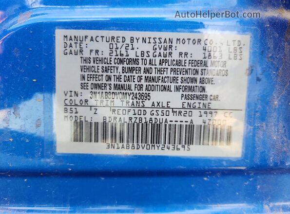 3N1AB8DV0MY243695 2021 NISSAN SENTRA Blue Widok naklejki z numerem VIN