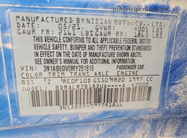 3N1AB8DV0MY281816 2021 NISSAN SENTRA Blue Engine compartment view