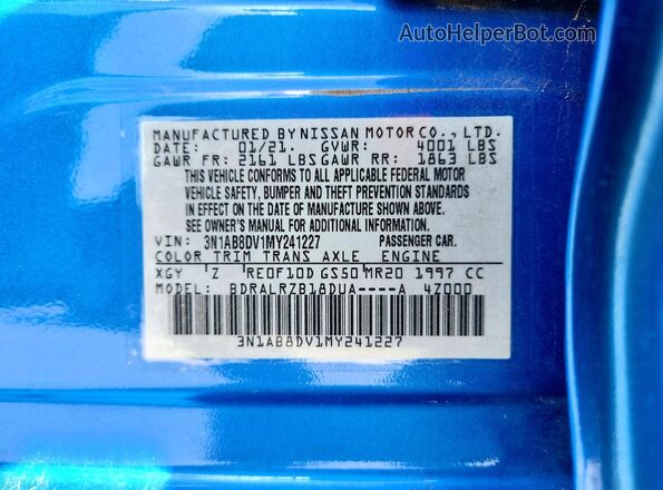3N1AB8DV1MY241227 2021 NISSAN SENTRA Blue Vista del compartimento del motor