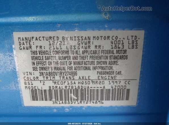 3N1AB8DV1RY274896 2024 NISSAN SENTRA Blue Vista del compartimento del motor
