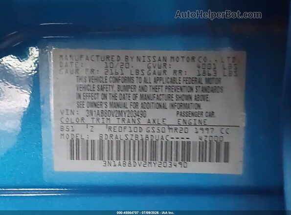 3N1AB8DV2MY203490 2021 NISSAN SENTRA Синий Вид подкапотного пространства