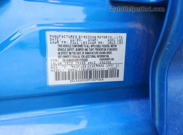 3N1AB8DV2MY209368 2021 NISSAN SENTRA Blue Շարժիչի բաժամունքի տեսք