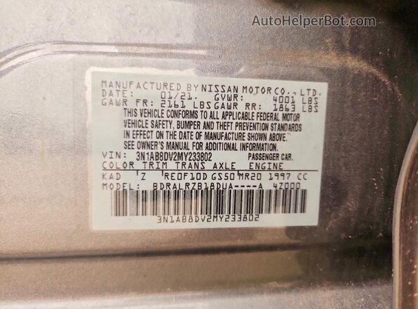 3N1AB8DV2MY233802 2021 NISSAN SENTRA Серый Вид наклейки с VIN-кодом