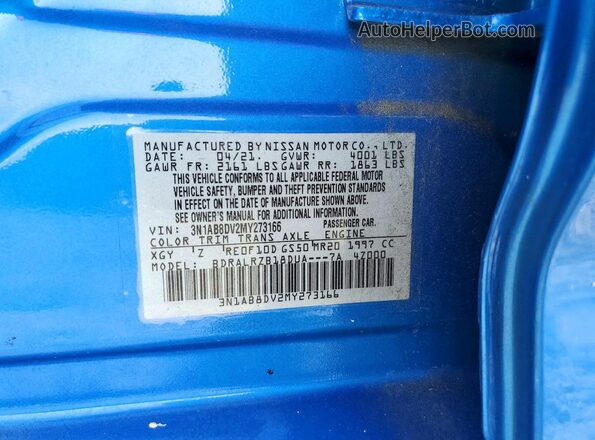 3N1AB8DV2MY273166 2021 NISSAN SENTRA Blue ძრავის განყოფილების ხედი