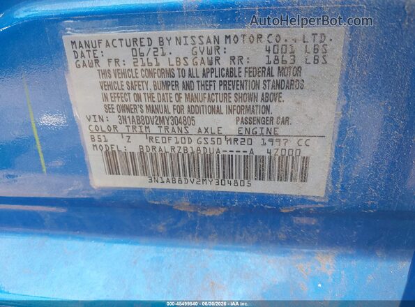 3N1AB8DV2MY304805 2021 NISSAN SENTRA Blue ძრავის განყოფილების ხედი