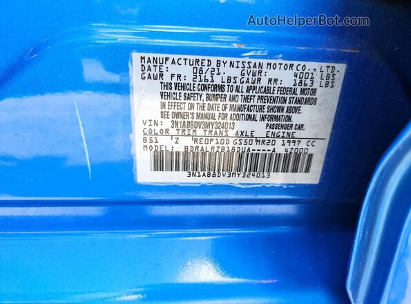 3N1AB8DV3MY324013 2021 NISSAN SENTRA Blue VIN կոդի պիտակի տեսք