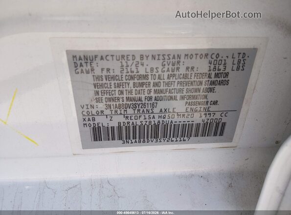 3N1AB8DV3SY261167 2025 NISSAN SENTRA White ძრავის განყოფილების ხედი